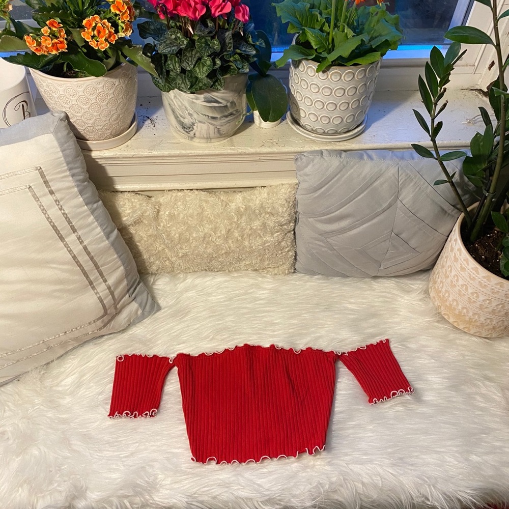 Red off shoulder / Bardot crop top white trim